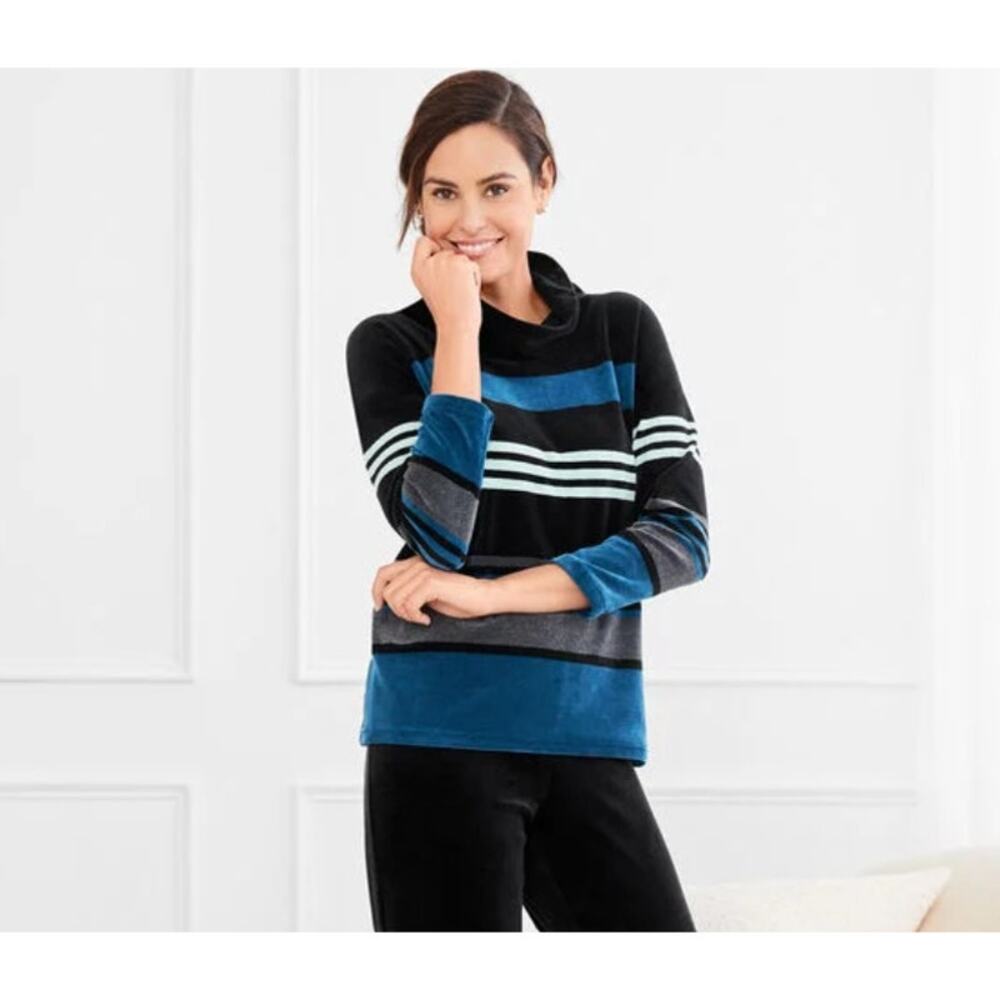 Talbots Womens Stripe Velour Cowlneck Pullover Size Small Petite Blue Black Soft